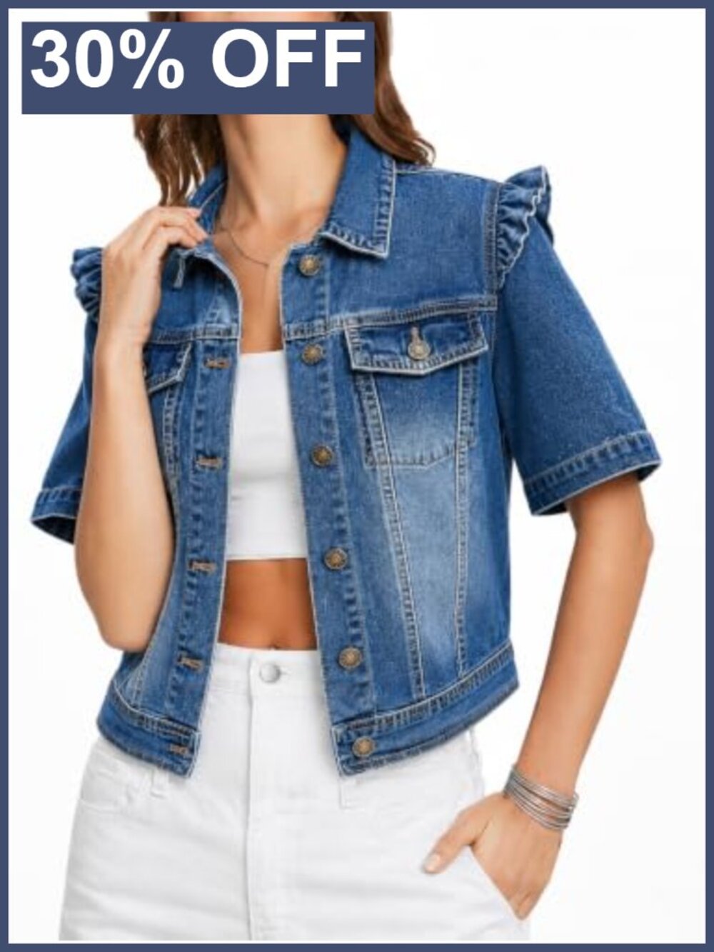 Womens Cropped Denim Jacket Short Sleeve Ruffle Hem Button Down